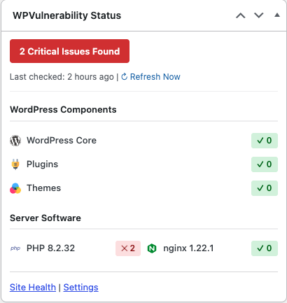 Tableau de bord du plugin Wp Vulnerability listant les failles de sécurité détectées